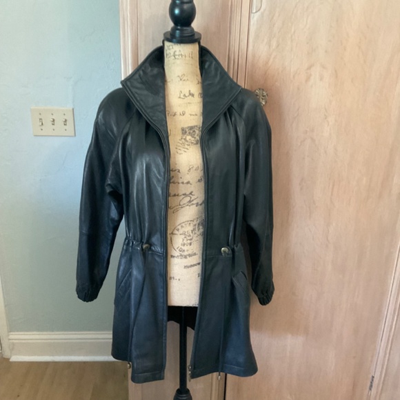 90's VTG Hailey soft LeatherJacket Black Long Drawstring Zip Coat Oversize XS - Picture 2 of 16